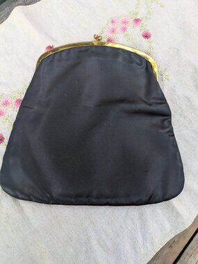 Mel-Ton black satin evening clutch w/ gold-tone kiss-lock clasp 1950's era.